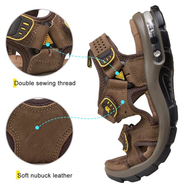 Men's Leather Sandals for Hiking Walking Beach Treads Water Athletic Outdoor with Premium Air Cushion | Waterproof