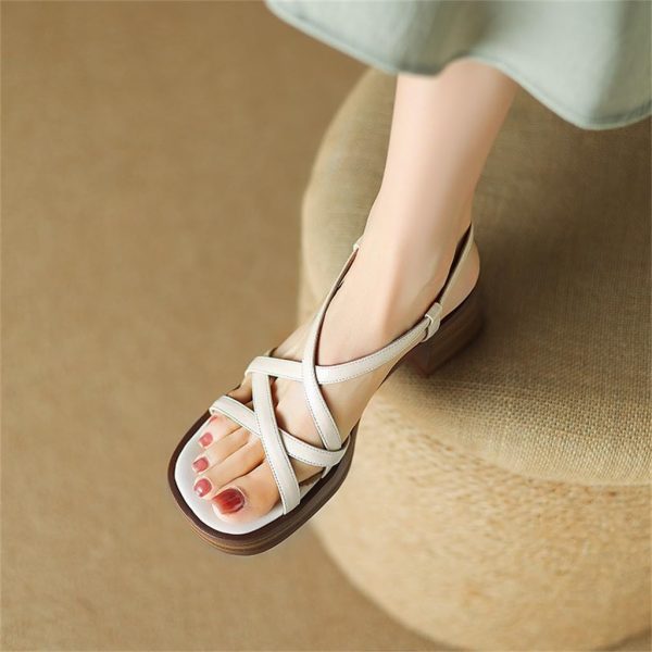 Versatile Full Leather Round Toe Thick Sole Thick High Heeled Leather Roman Sandals For Women