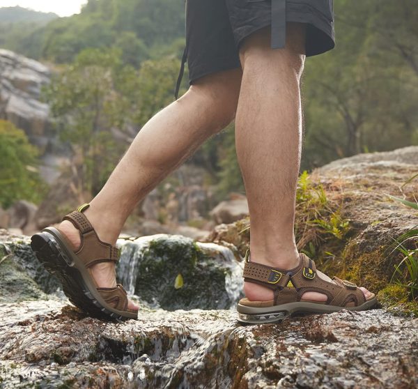 Men's Leather Sandals for Hiking Walking Beach Treads Water Athletic Outdoor with Premium Air Cushion | Waterproof