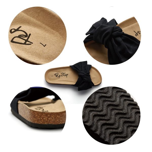 Slide Sandals for Women or Ladies Dressy Summer Casual, Cute Bow Tie Knot On Top Strap, Comfy Slip On Cork Foot Bed