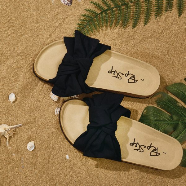 Slide Sandals for Women or Ladies Dressy Summer Casual, Cute Bow Tie Knot On Top Strap, Comfy Slip On Cork Foot Bed